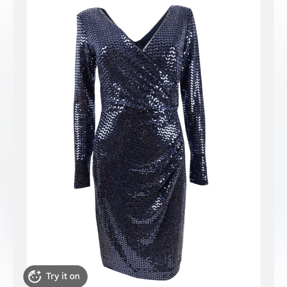 Betsy & Adam Navy Blue Sparkly Metallic Chevron Sequin Wrap Top Dress Size 10